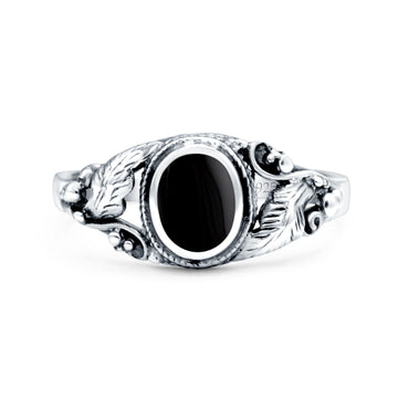 Petite Dainty Vintage Style Oval Simulated Black Onyx Ring Solid Oxidized 925 Sterling Silver